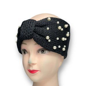Women Crochet Knitted Turban Headband Pearl Bead Hairband Ear Warmer - Black